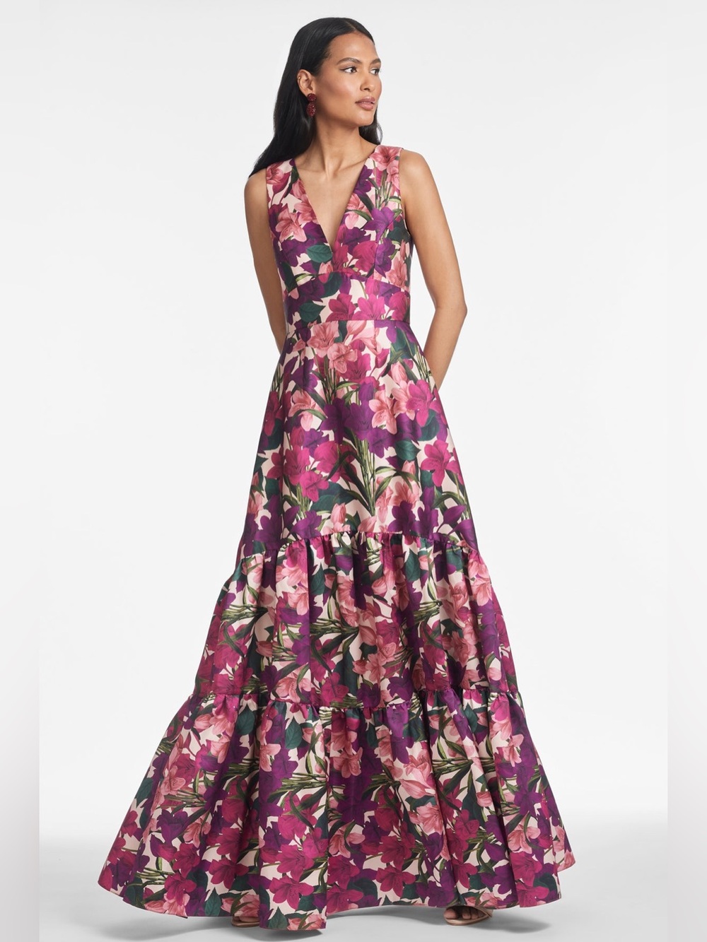new Sachin and Babi Rori v neck mikado gown in Casa Blanca Lillies pink floral